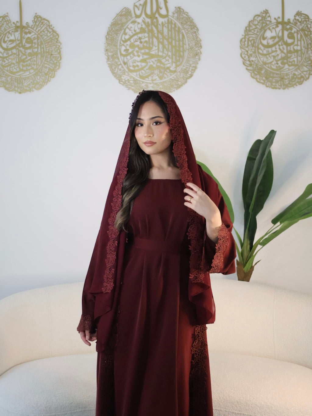 Leylani Lace Abaya - Maroon (Preorder)