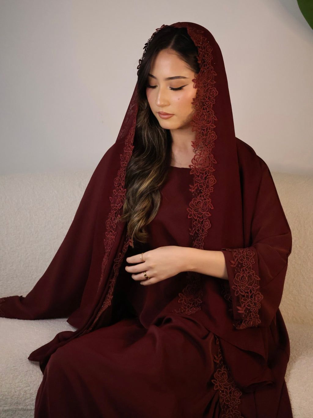 Leylani Lace Abaya - Maroon (Preorder)