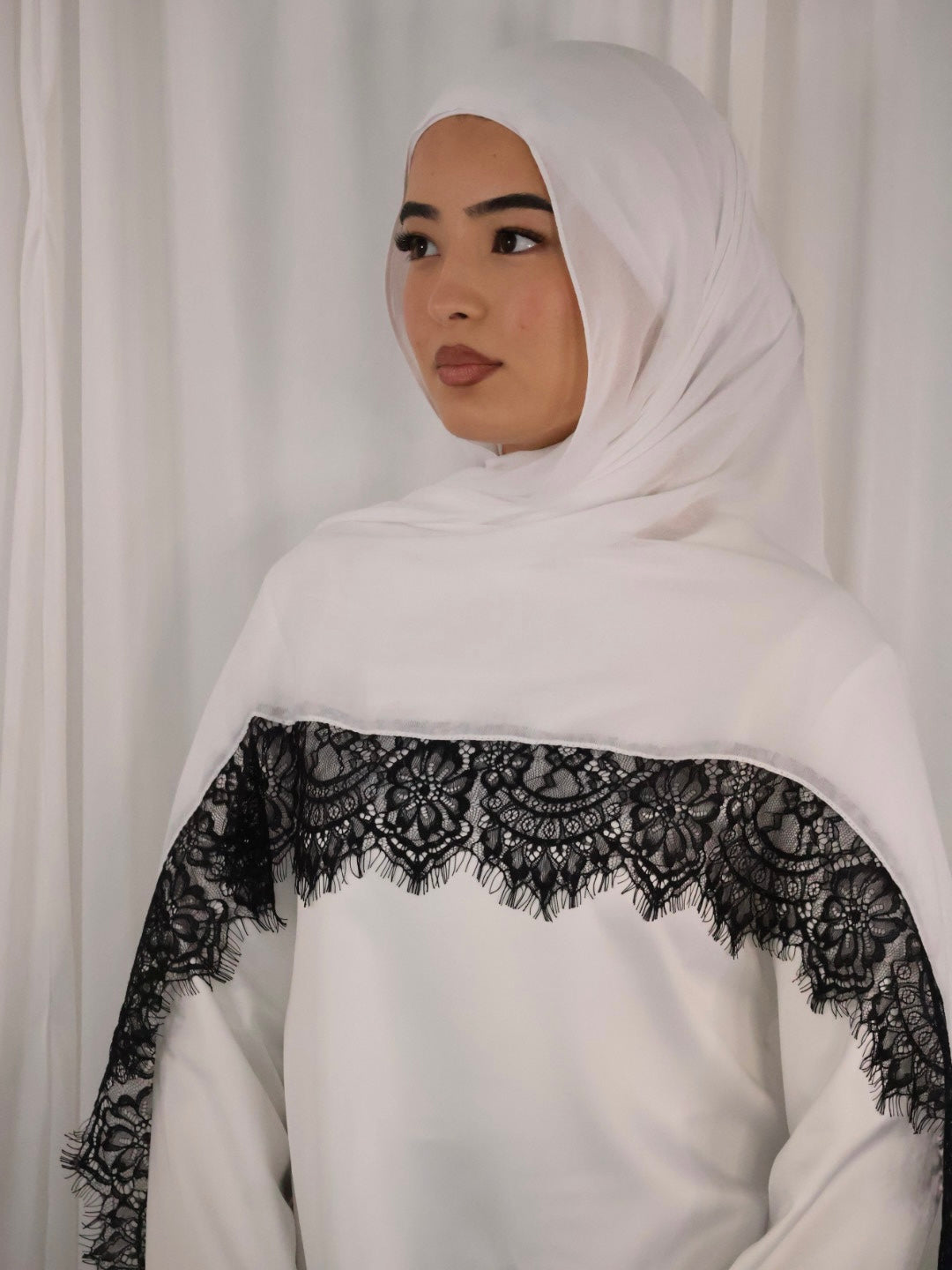 Modal Lace Hijab -White with Black Lace