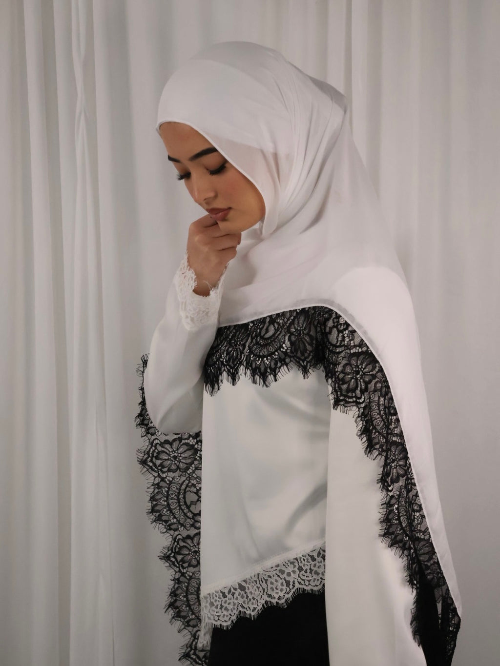 Modal Lace Hijab -White with Black Lace
