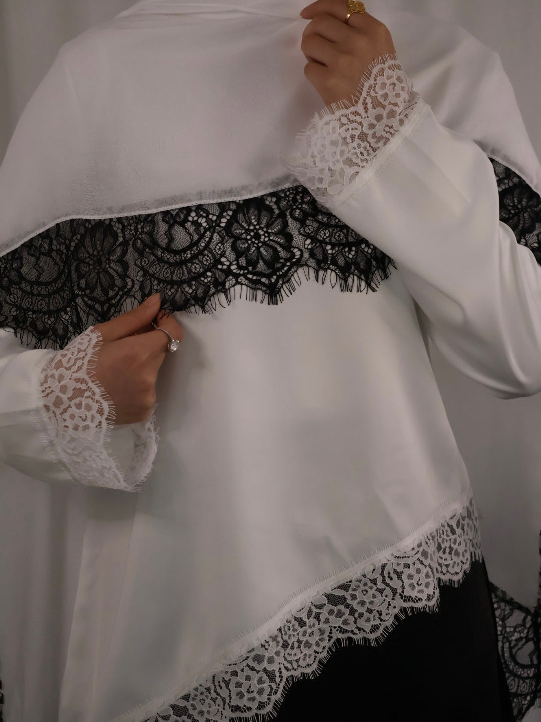 Modal Lace Hijab -White with Black Lace