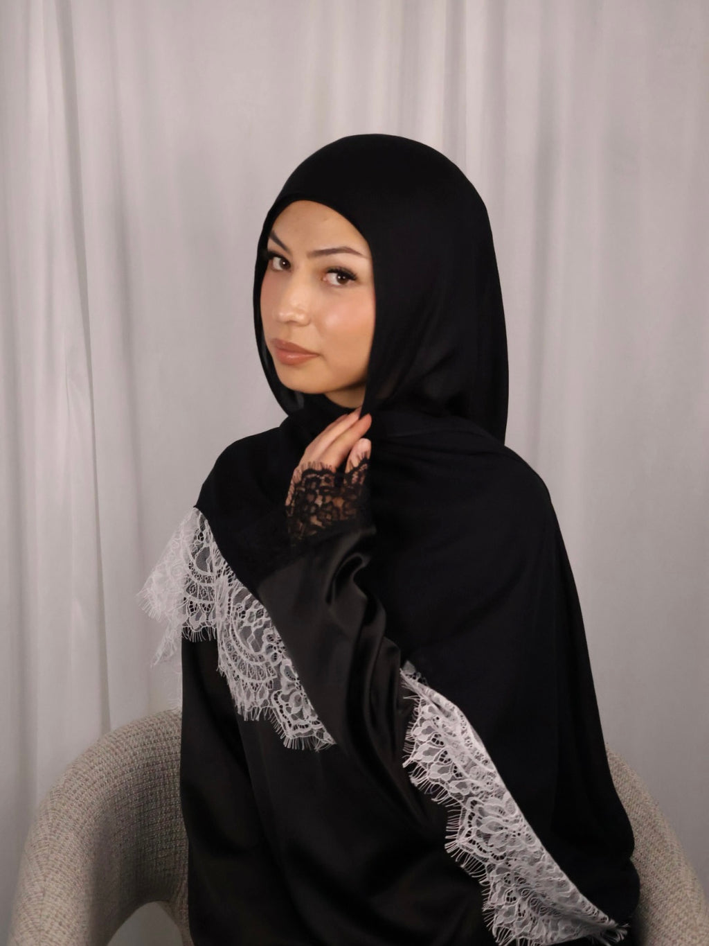 Modal Lace Hijab - Black with White Lace